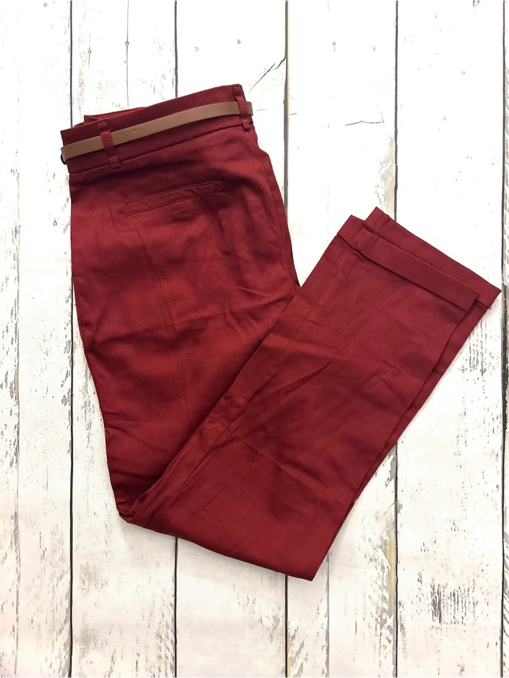 Timing Women's Burgundy Chinos with Leather Belt Sz M (6 -8) 98% cotton.